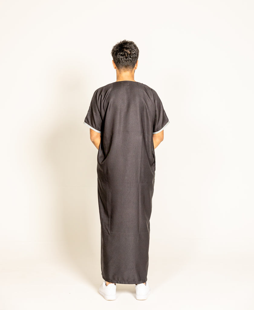 Black Pinstriped Moroccan Style Half Sleeve Thobe Jubba Relaxed fit Low neck - Madyna