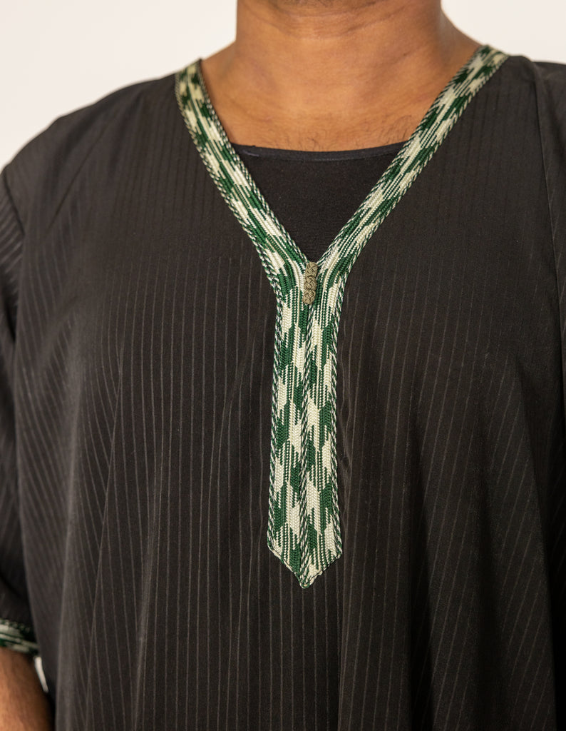 Black Pinstriped Moroccan Style Half Sleeve Thobe Jubba Relaxed fit Low neck - Madyna