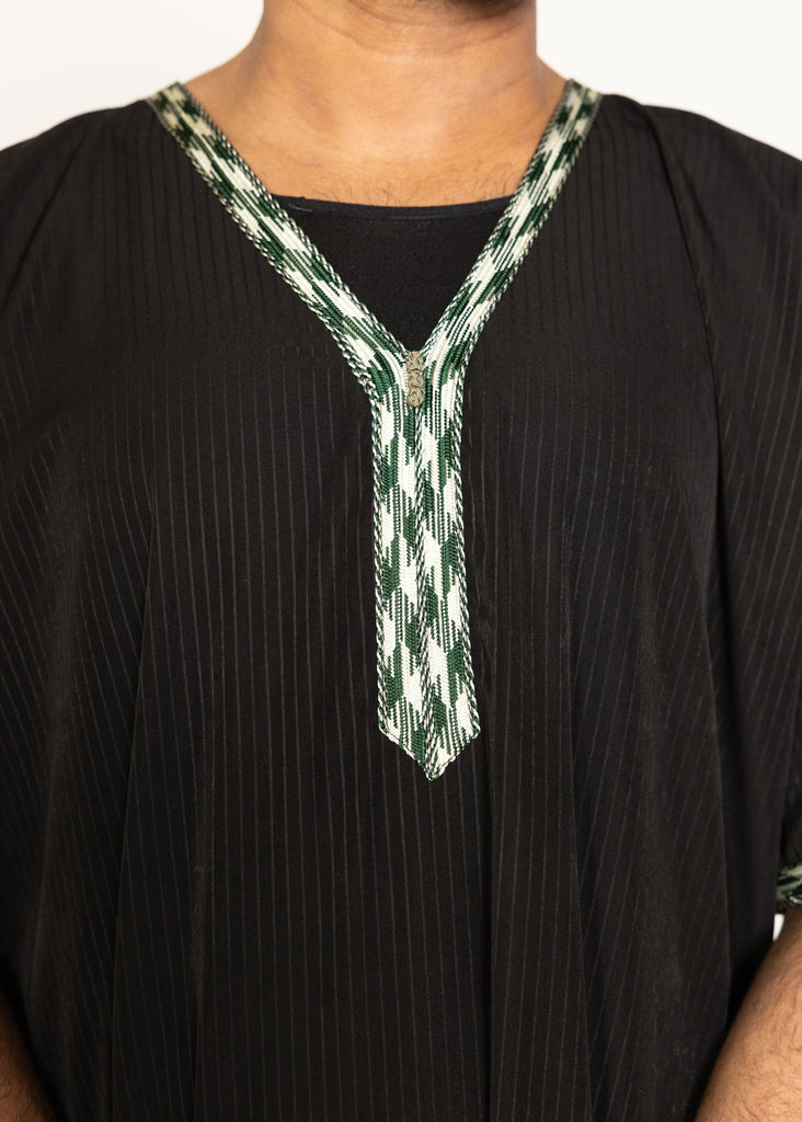 Black Pinstriped Moroccan Style Half Sleeve Thobe Jubba Relaxed fit Low neck - Madyna
