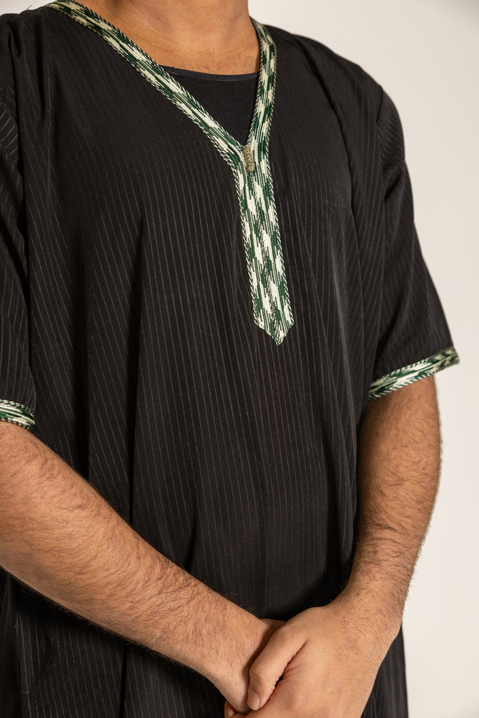 Black Pinstriped Moroccan Style Half Sleeve Thobe Jubba Relaxed fit Low neck - Madyna