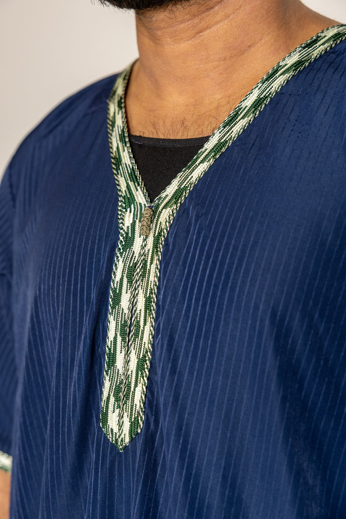 Navy Blue Pinstriped Moroccan Style Half Sleeve Thobe / Jubba Relaxed fit low neck - Madyna
