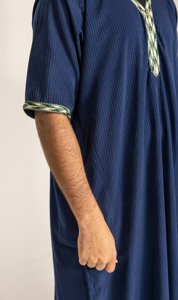 Navy Blue Pinstriped Moroccan Style Half Sleeve Thobe / Jubba Relaxed fit low neck - Madyna