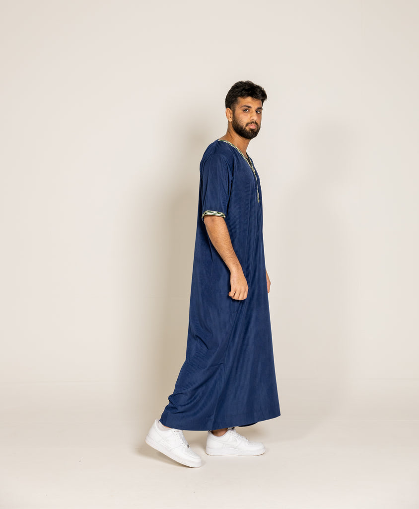 Navy Blue Pinstriped Moroccan Style Half Sleeve Thobe / Jubba Relaxed fit low neck - Madyna