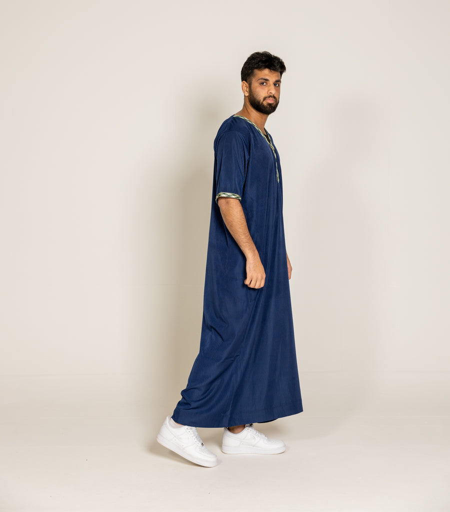 Navy Blue Pinstriped Moroccan Style Half Sleeve Thobe / Jubba Relaxed fit low neck - Madyna