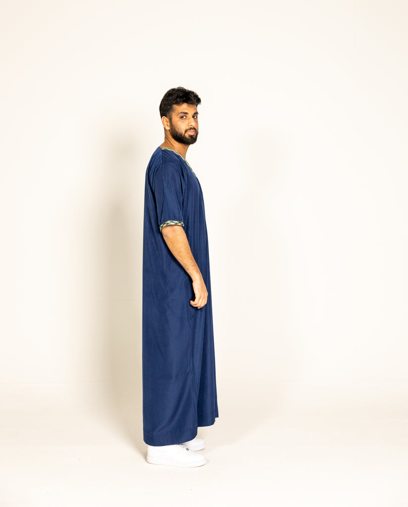 Navy Blue Pinstriped Moroccan Style Half Sleeve Thobe / Jubba Relaxed fit low neck - Madyna