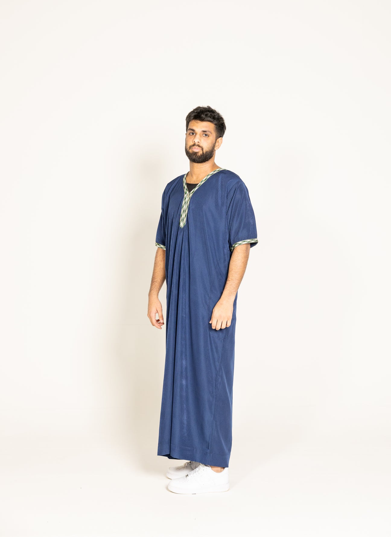Navy Blue Pinstriped Moroccan Style Half Sleeve Thobe / Jubba Relaxed fit low neck - Madyna
