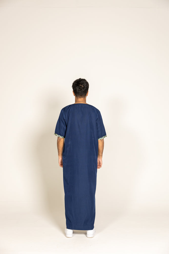 Navy Blue Pinstriped Moroccan Style Half Sleeve Thobe / Jubba Relaxed fit low neck - Madyna