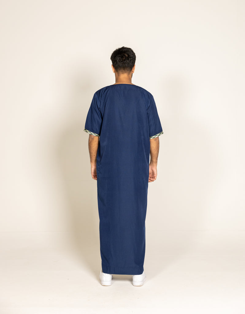 Navy Blue Pinstriped Moroccan Style Half Sleeve Thobe / Jubba Relaxed fit low neck - Madyna