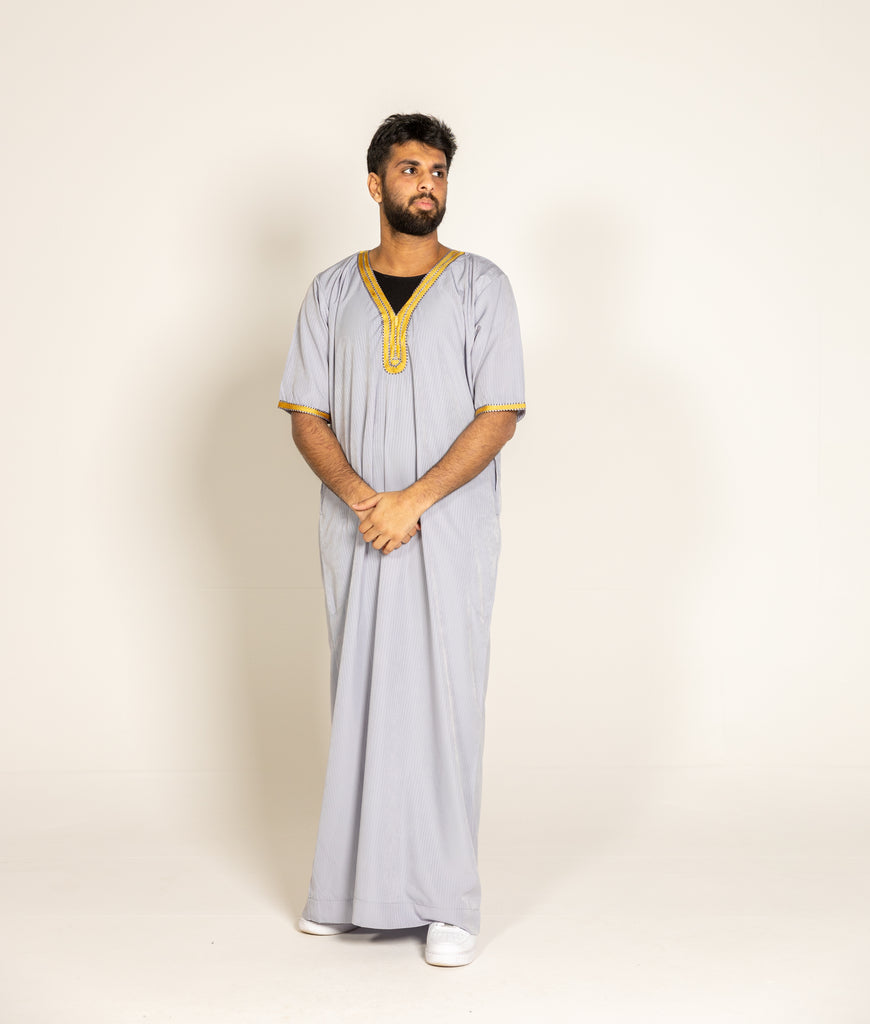 Grey Pinstripe Moroccan Style Half Sleeve Thobe Jubba Relaxed fit Low neck - Madyna