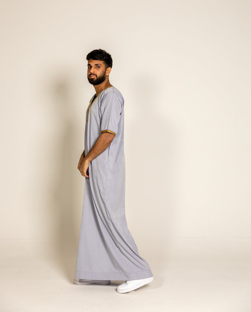 Grey Pinstripe Moroccan Style Half Sleeve Thobe Jubba Relaxed fit Low neck - Madyna