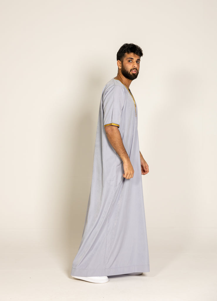 Grey Pinstripe Moroccan Style Half Sleeve Thobe Jubba Relaxed fit Low neck - Madyna