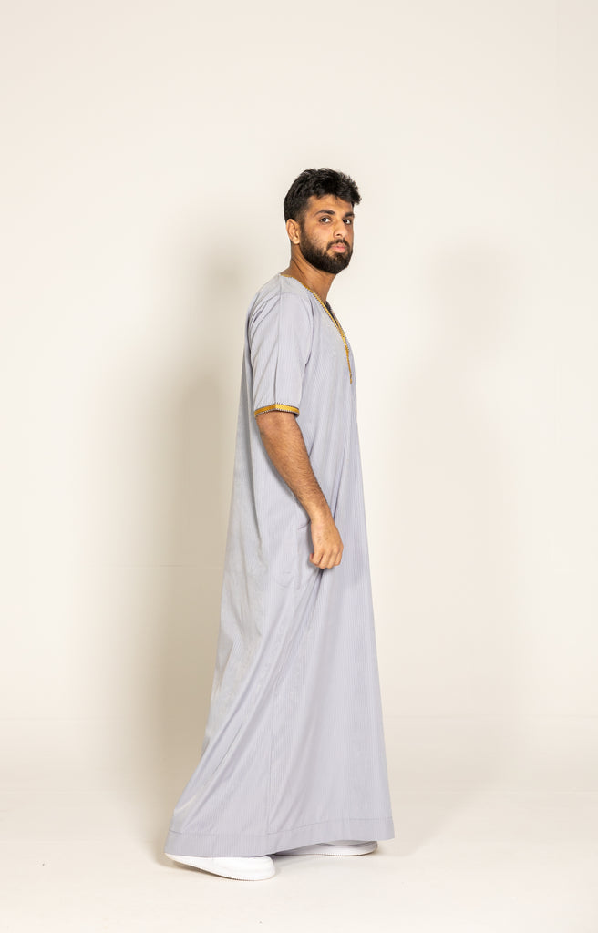 Grey Pinstripe Moroccan Style Half Sleeve Thobe Jubba Relaxed fit Low neck - Madyna