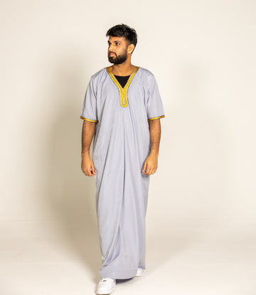 Grey Pinstripe Moroccan Style Half Sleeve Thobe Jubba Relaxed fit Low neck - Madyna