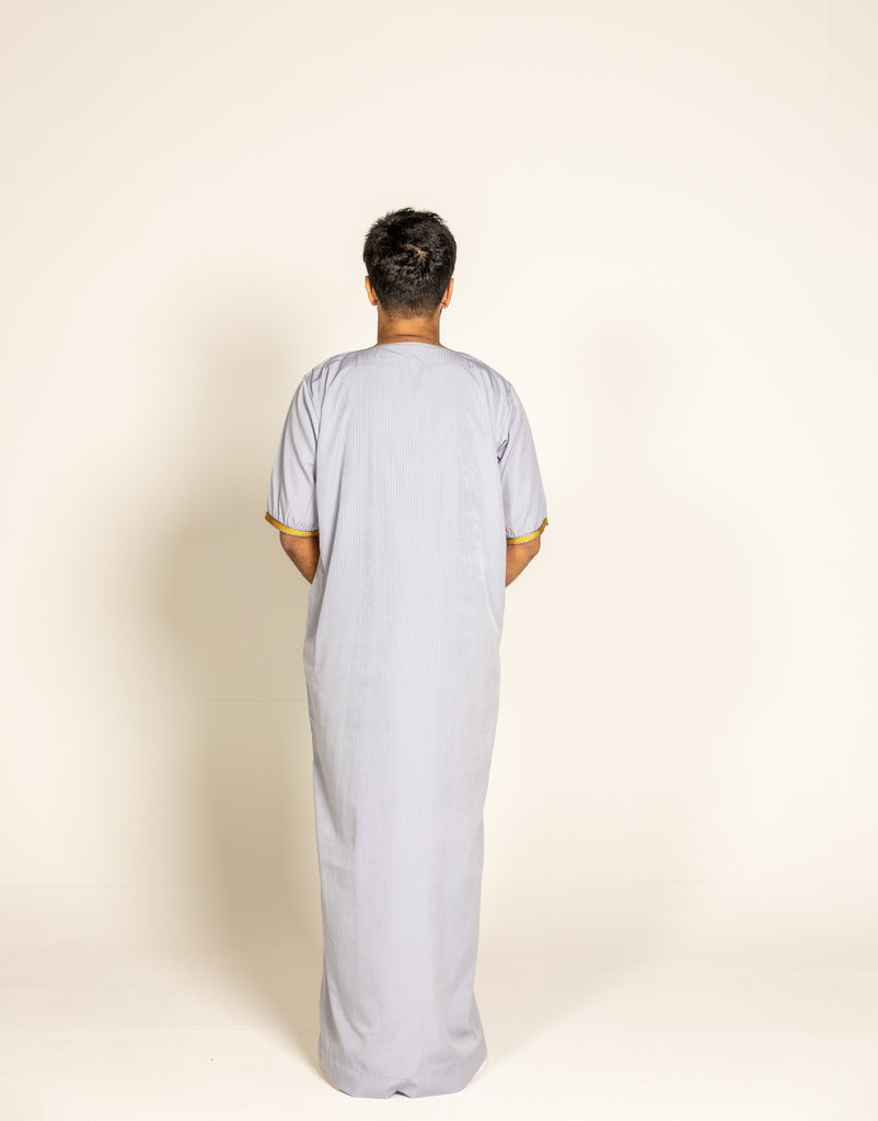 Grey Pinstripe Moroccan Style Half Sleeve Thobe Jubba Relaxed fit Low neck - Madyna