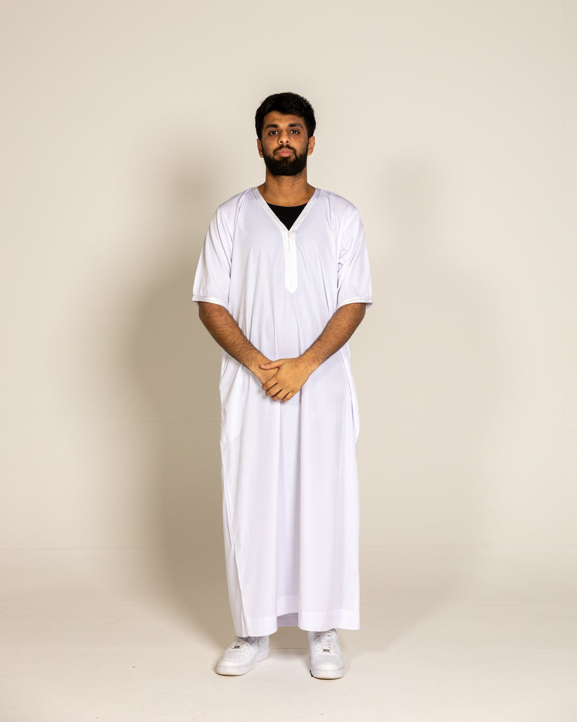 White Pinstriped Moroccan Style Half Sleeve Thobe Jubba Relaxed fit Low neck - Madyna