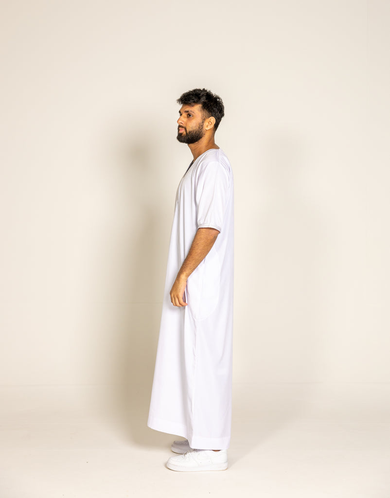 White Pinstriped Moroccan Style Half Sleeve Thobe Jubba Relaxed fit Low neck - Madyna