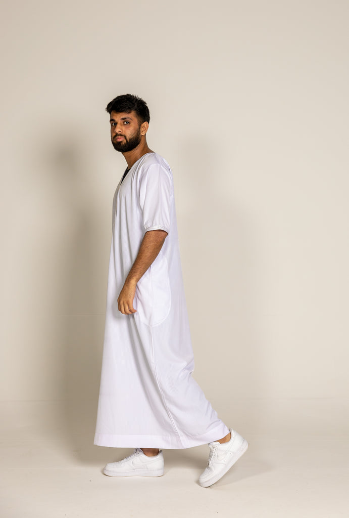 White Pinstriped Moroccan Style Half Sleeve Thobe Jubba Relaxed fit Low neck - Madyna