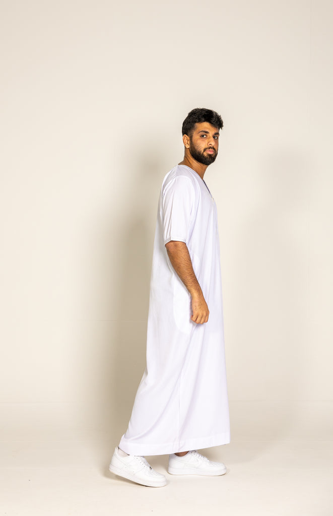 White Pinstriped Moroccan Style Half Sleeve Thobe Jubba Relaxed fit Low neck - Madyna