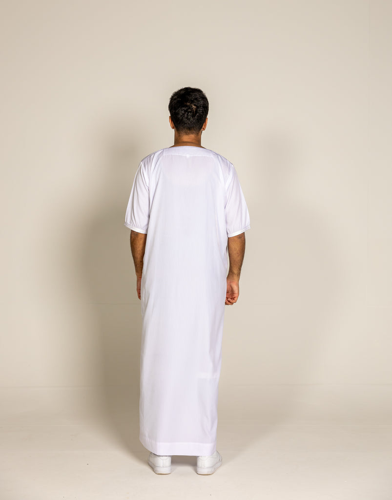 White Pinstriped Moroccan Style Half Sleeve Thobe Jubba Relaxed fit Low neck - Madyna