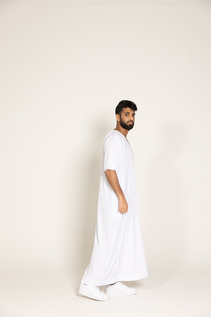 White Pinstriped Moroccan Style Half Sleeve Thobe Jubba Relaxed fit Low neck - Madyna