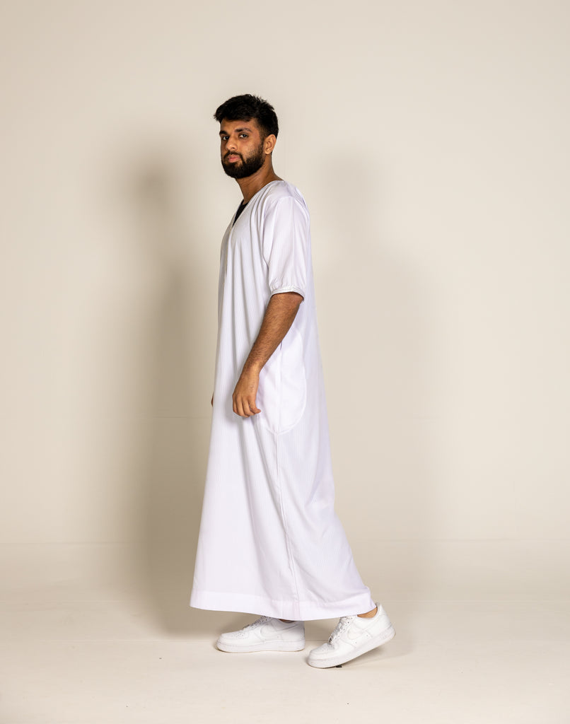 White Pinstriped Moroccan Style Half Sleeve Thobe Jubba Relaxed fit Low neck - Madyna