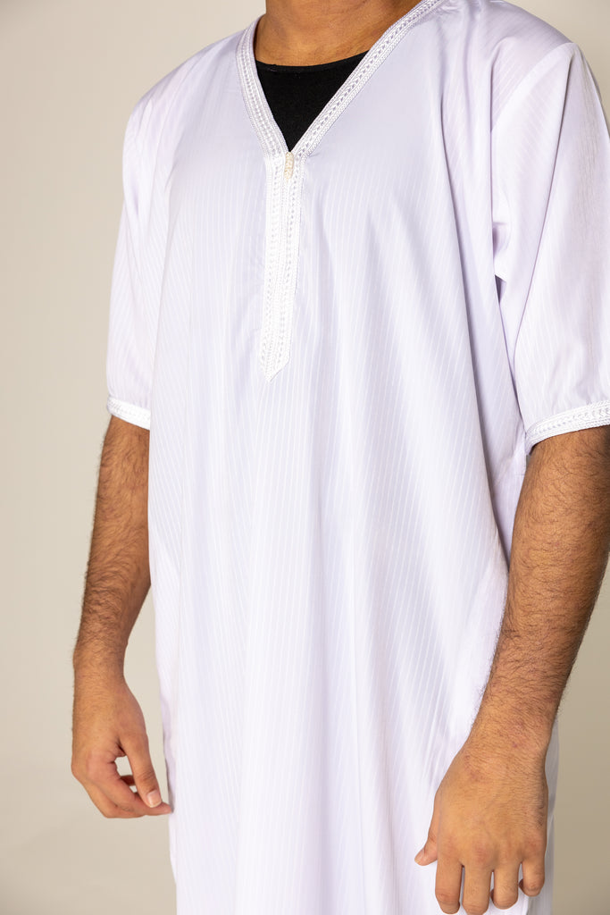White Pinstriped Moroccan Style Half Sleeve Thobe Jubba Relaxed fit Low neck - Madyna
