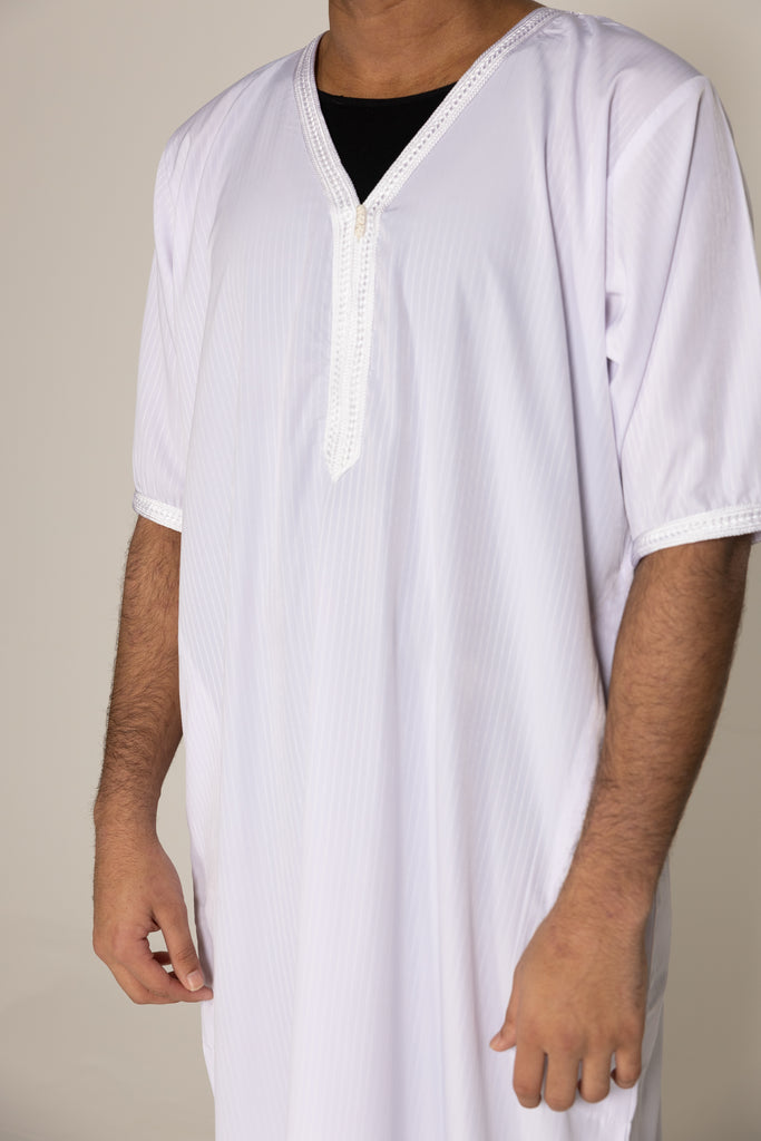 White Pinstriped Moroccan Style Half Sleeve Thobe Jubba Relaxed fit Low neck - Madyna