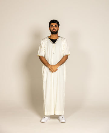 Cream Pinstriped Moroccan Style Half Sleeve Thobe Jubba Relaxed fit Low neck - Madyna