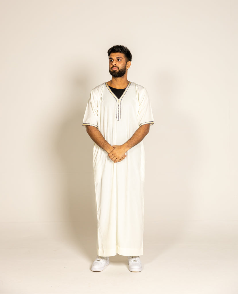 Cream Pinstriped Moroccan Style Half Sleeve Thobe Jubba Relaxed fit Low neck - Madyna