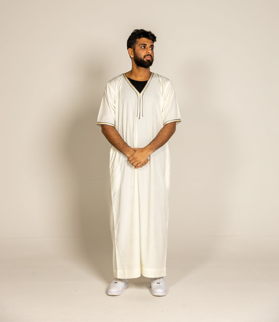 Cream Pinstriped Moroccan Style Half Sleeve Thobe Jubba Relaxed fit Low neck - Madyna
