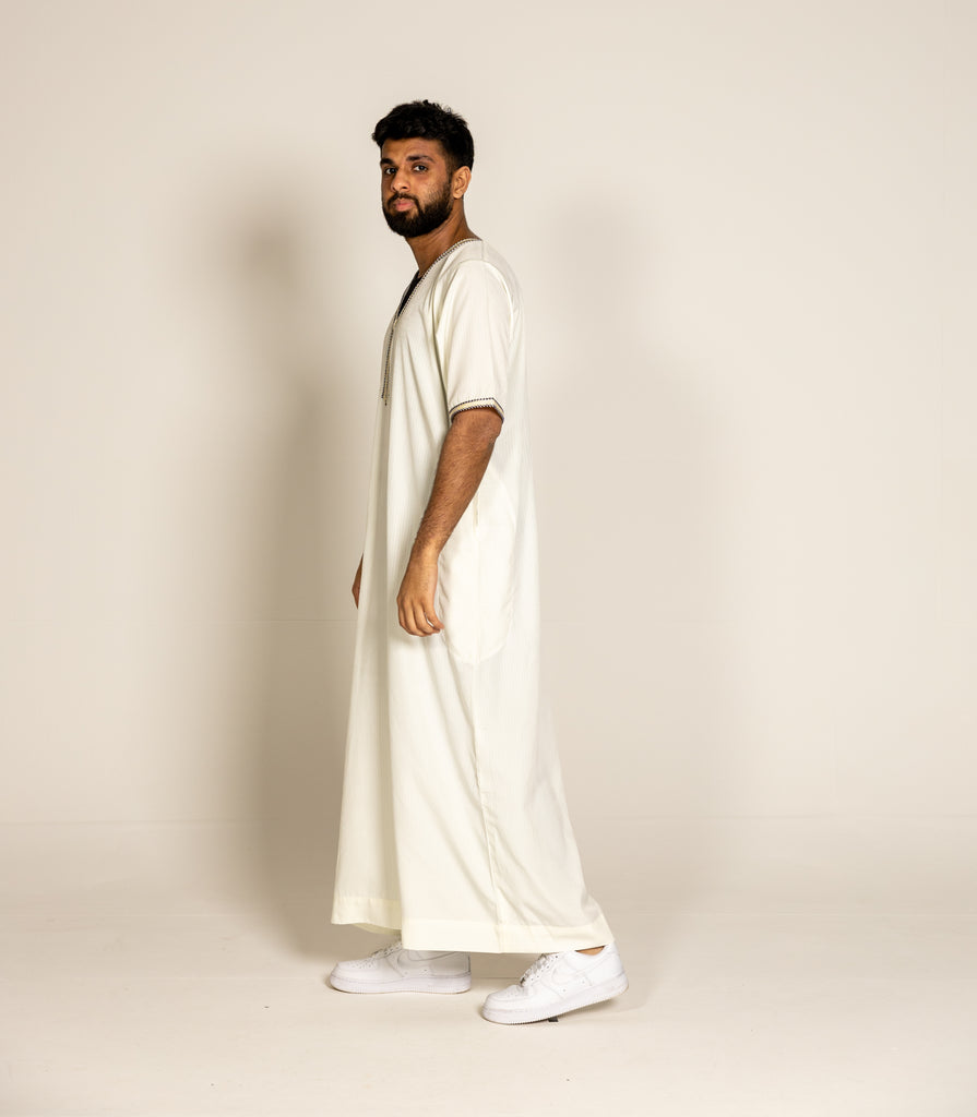 Cream Pinstriped Moroccan Style Half Sleeve Thobe Jubba Relaxed fit Low neck - Madyna