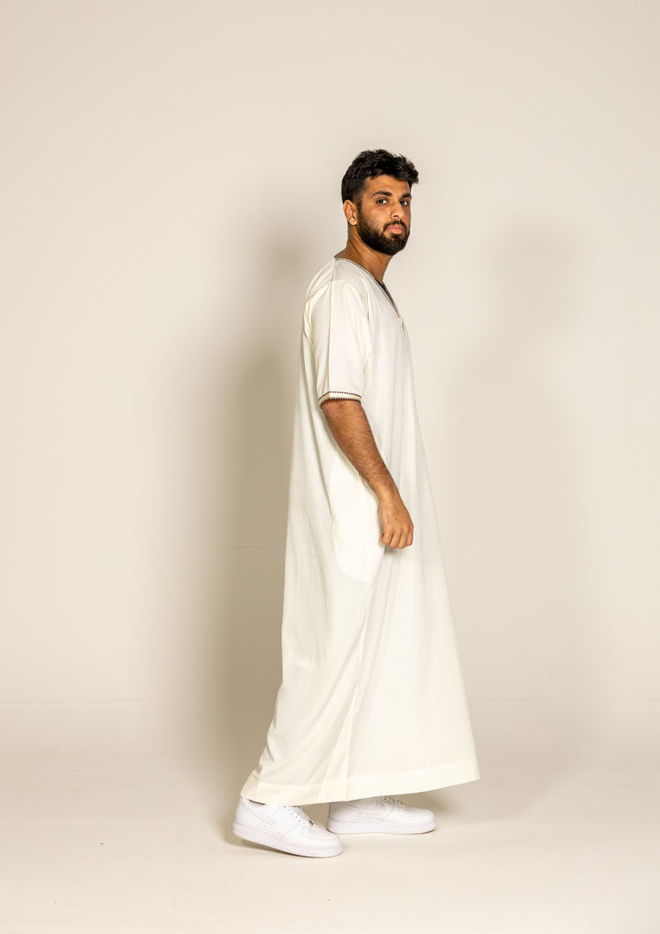 Cream Pinstriped Moroccan Style Half Sleeve Thobe Jubba Relaxed fit Low neck - Madyna