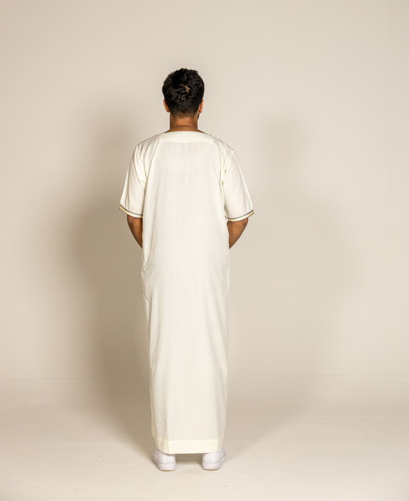 Cream Pinstriped Moroccan Style Half Sleeve Thobe Jubba Relaxed fit Low neck - Madyna