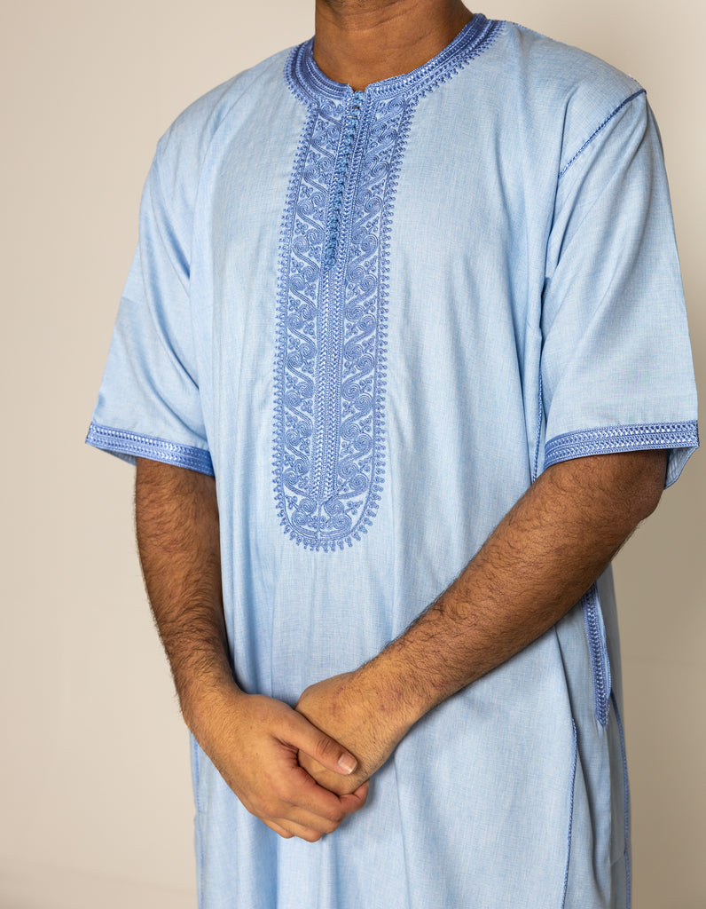 Sky Blue Premium Moroccan Half Sleeve Thobe Jubba with Neck Embroidery Size 58 - Madyna