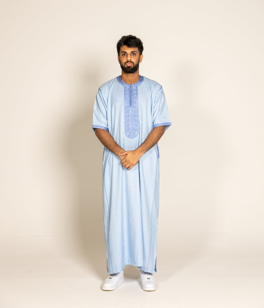 Sky Blue Premium Moroccan Half Sleeve Thobe Jubba with Neck Embroidery Size 58 - Madyna