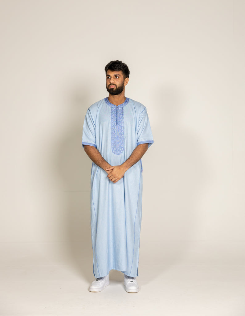 Sky Blue Premium Moroccan Half Sleeve Thobe Jubba with Neck Embroidery Size 58 - Madyna