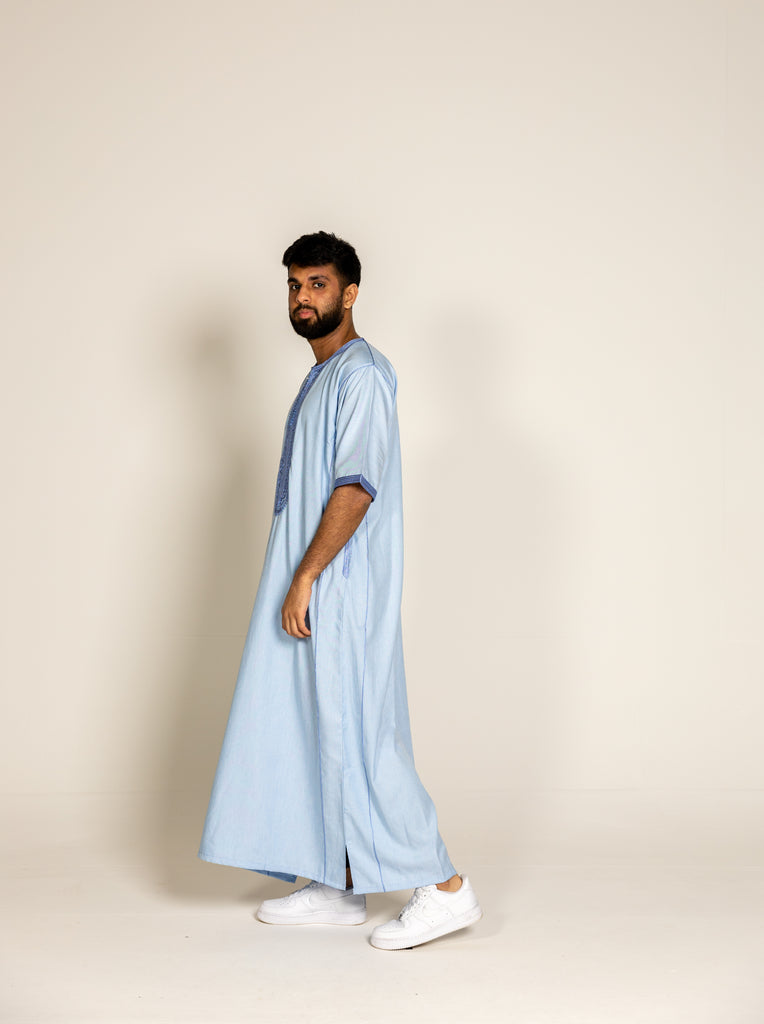 Sky Blue Premium Moroccan Half Sleeve Thobe Jubba with Neck Embroidery Size 58 - Madyna