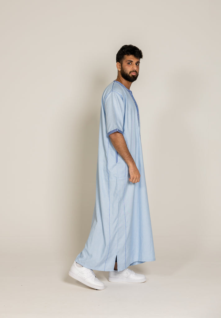 Sky Blue Premium Moroccan Half Sleeve Thobe Jubba with Neck Embroidery Size 58 - Madyna
