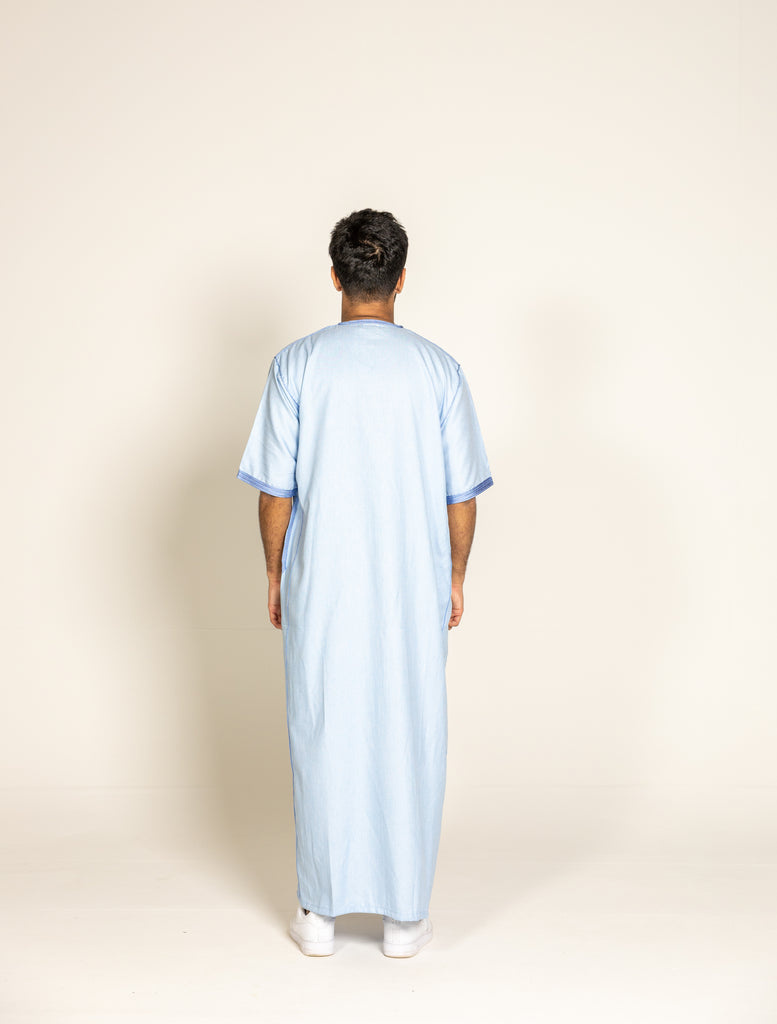 Sky Blue Premium Moroccan Half Sleeve Thobe Jubba with Neck Embroidery Size 58 - Madyna