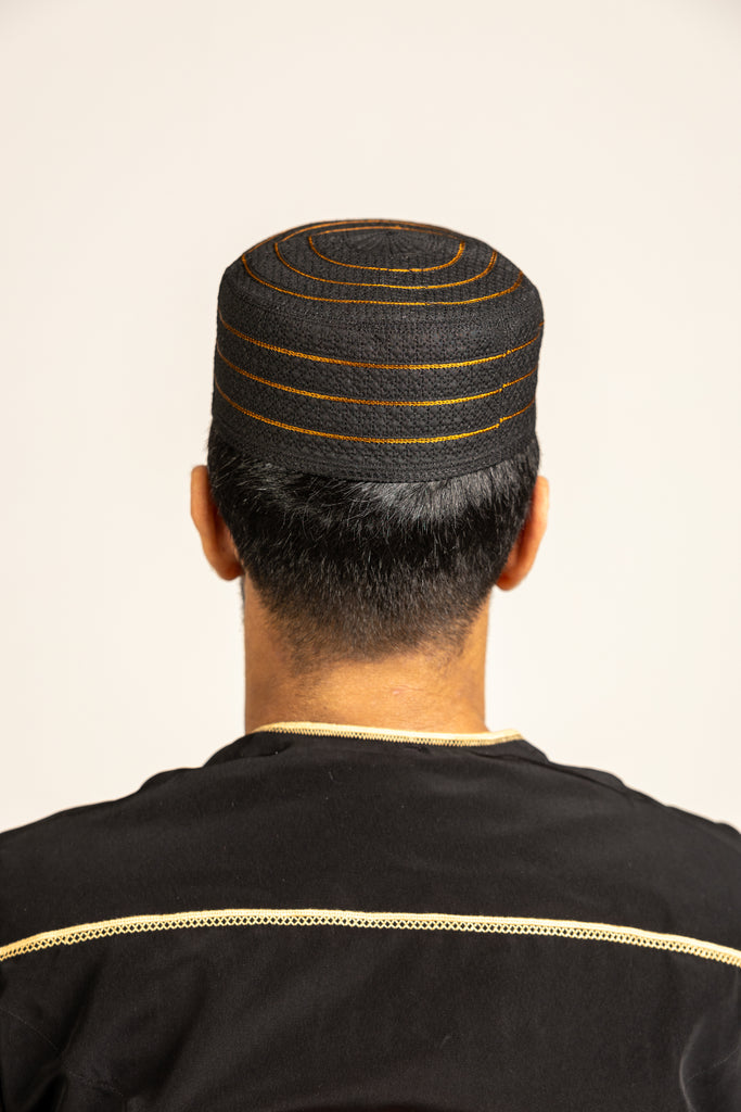 Khizar Black Topi Kufi Stiff Hat with Round Line Design - Madyna