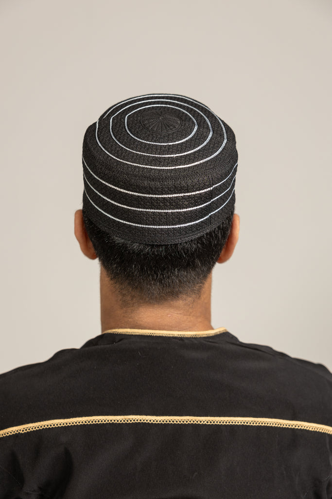 Khizar Black Topi Kufi Stiff Hat with Round Line Design - Madyna