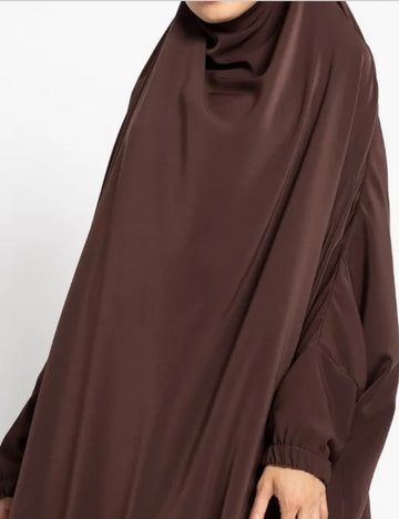 BROWN ONE PIECE LONG JILBAB KHIMAR ABAYA JHUBBA LADIES ROBE WITH SCARF LOOSE FIT - Madyna