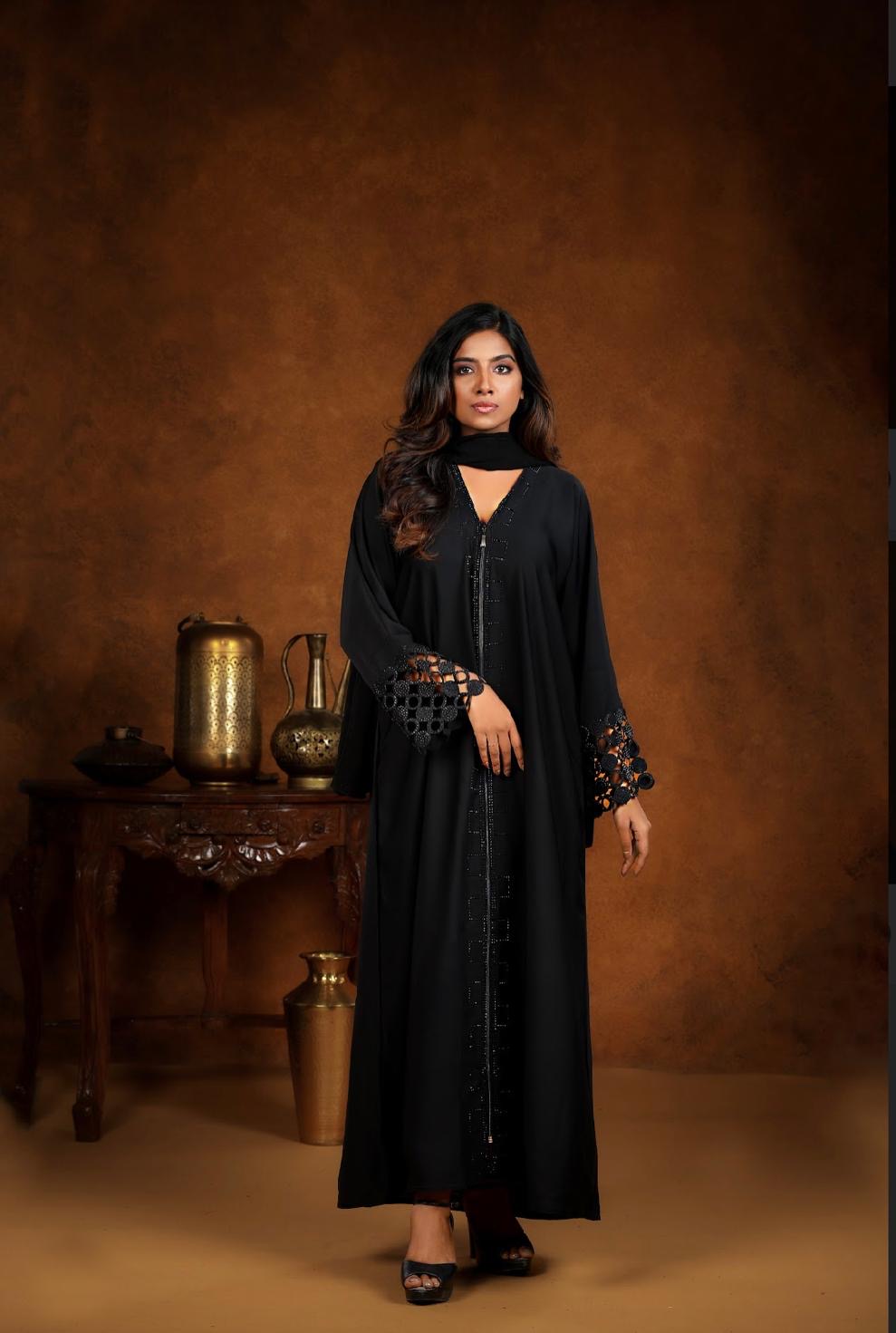 Aaliyah Black Comfort Abaya Full Zip Unique Sleeve Design - Madyna