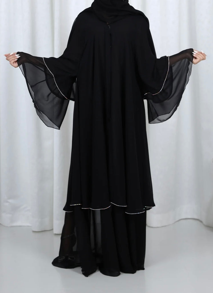 Layla Black layered abaya with Diamanté trim - Madyna