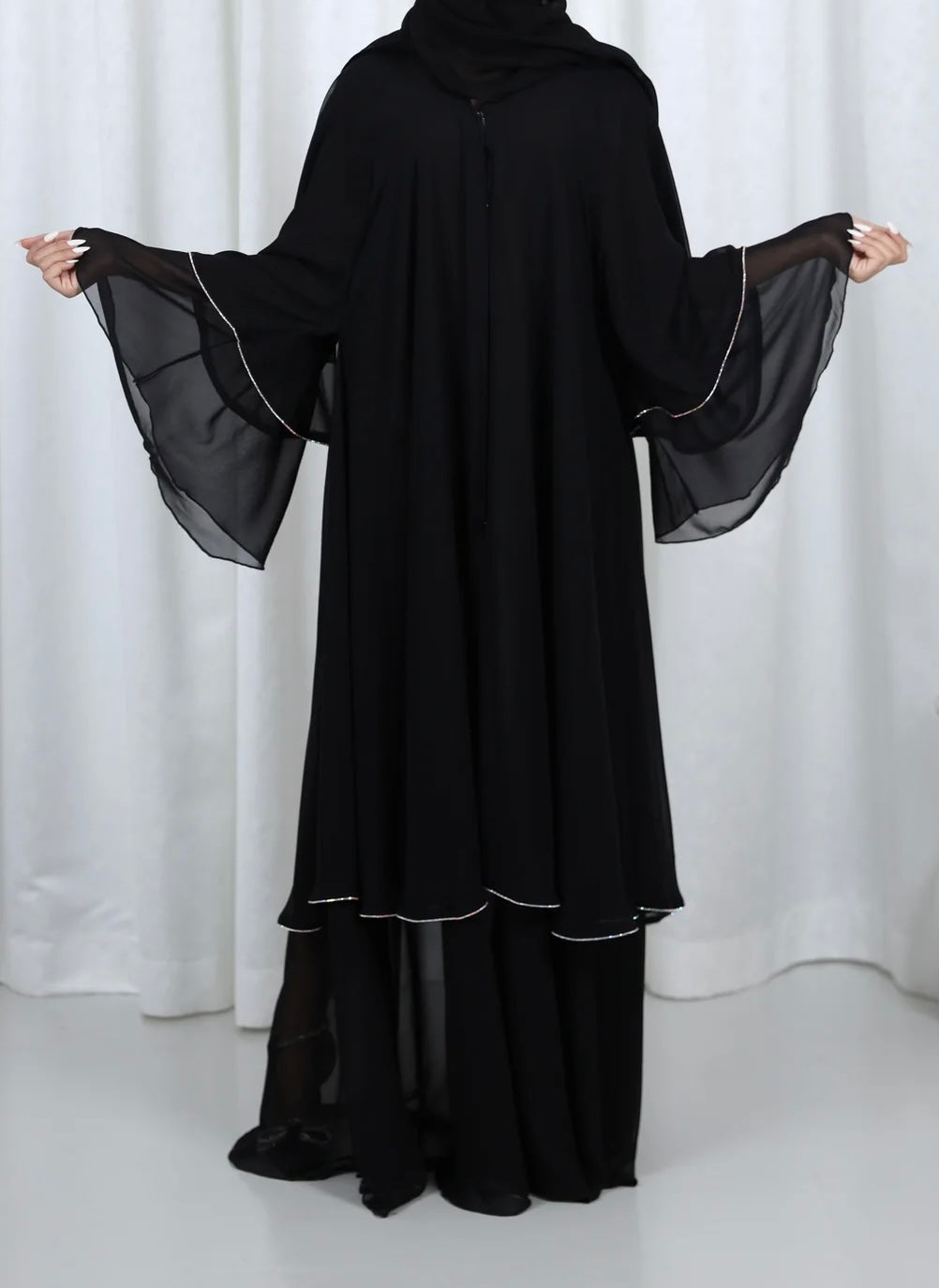 strapless open back dress Layla Layered Black Abaya UK with Diamant trim Elegant Modest Dress fo –  Madyna
