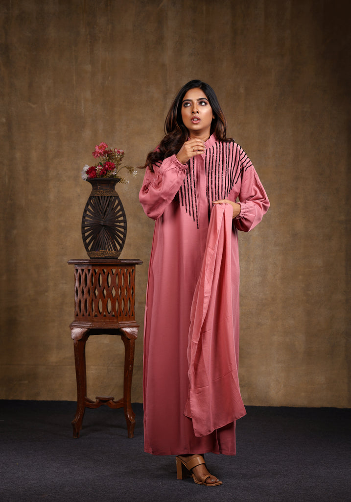 Sawdah Pink Luxury Abaya with Black Beads Beautiful Design - Madyna