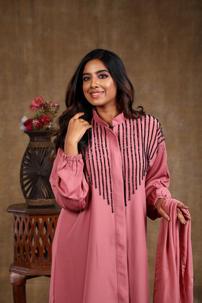 Sawdah Pink Luxury Abaya with Black Beads Beautiful Design - Madyna