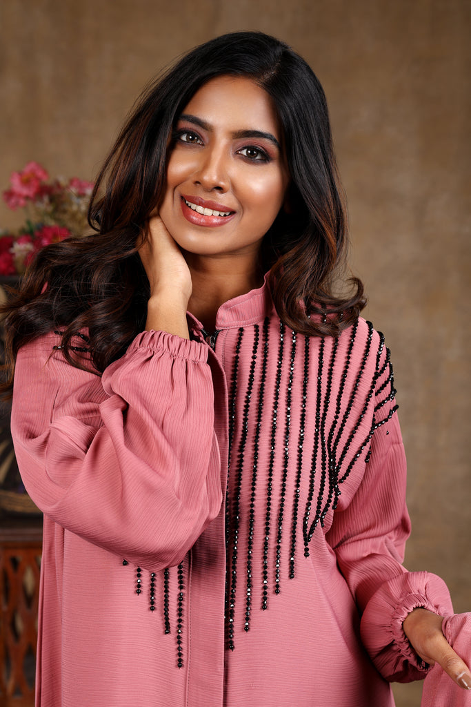 Sawdah Pink Luxury Abaya with Black Beads Beautiful Design - Madyna