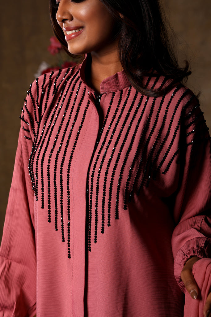Sawdah Pink Luxury Abaya with Black Beads Beautiful Design - Madyna