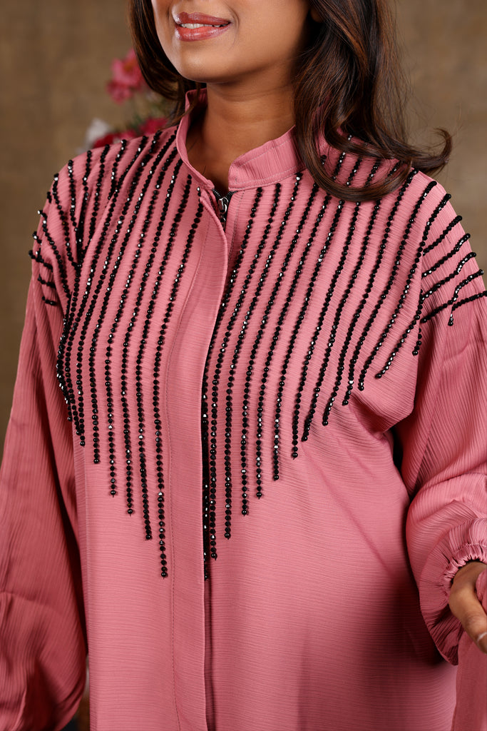 Sawdah Pink Luxury Abaya with Black Beads Beautiful Design - Madyna